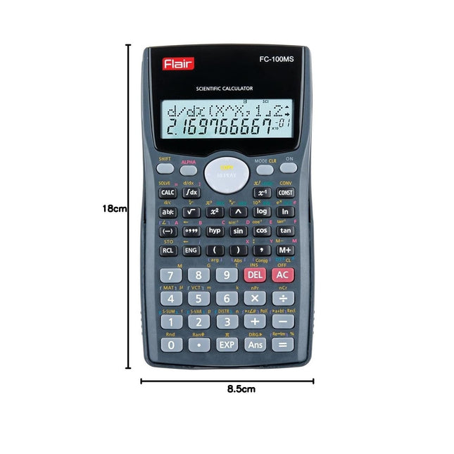 Flair FC-100MS Scientific Calculator | 300 Functions and 2 Line Display with dual line monitor and extensive functions.