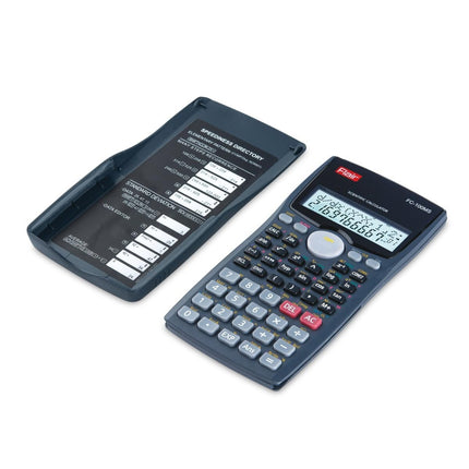 Flair FC-100MS Scientific Calculator | 300 Functions and 2 Line Display showing keypad and cover.