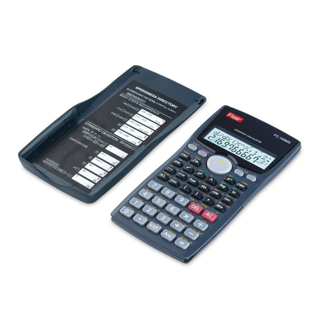 Flair FC-100MS Scientific Calculator | 300 Functions and 2 Line Display showing keypad and cover.