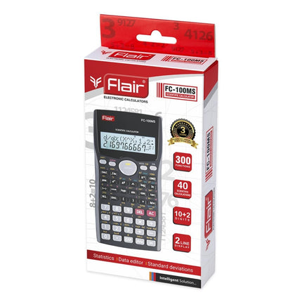 Flair FC-100MS Scientific Calculator | 300 Functions and 2 Line Display packaging with features highlighted.