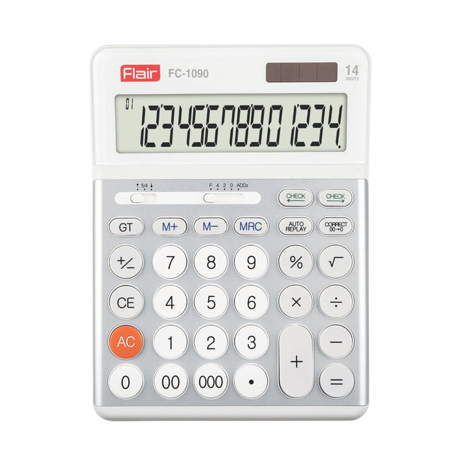 Flair FC-1090 14 Digits Desktop Calculator showing a clear LCD display and responsive keys.