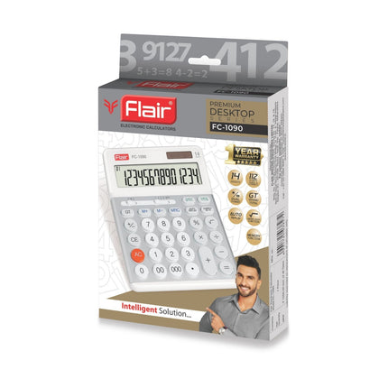 Flair FC-1090 14 Digits Desktop Calculator packaging with LCD display and tactile keys.