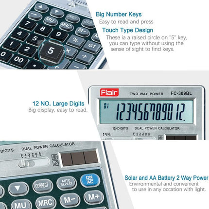 Flair FC-309BL 12 Digits Desktop Calculator with big number keys and dual power functionality.