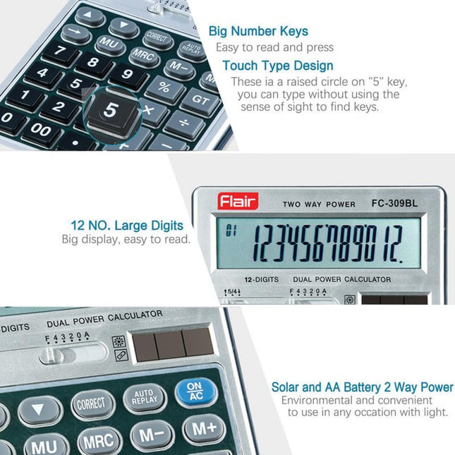 Flair FC-309BL 12 Digits Desktop Calculator with big number keys and dual power functionality.