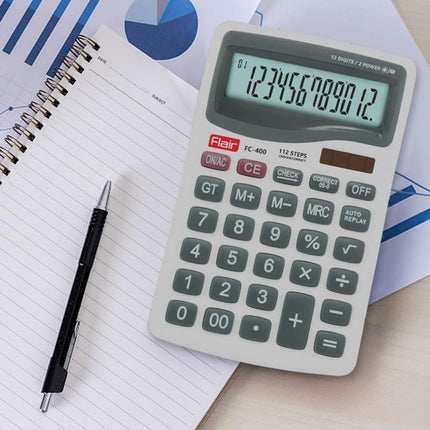 Flair FC-400 12 Digits Desktop Calculator on a desk with notebook and pen, showcasing precision and efficiency.