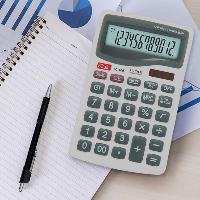 Flair FC-400 12 Digits Desktop Calculator on a desk with notebook and pen, showcasing precision and efficiency.