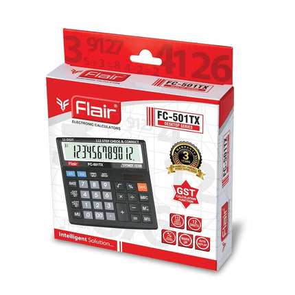 Flair FC-501TX 12 Digits GST Desktop Calculator packaging with display and features highlighted.