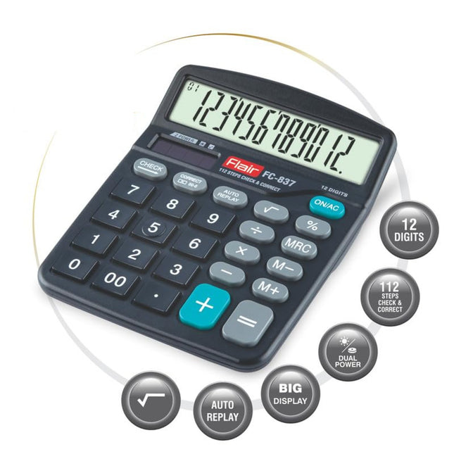 Flair FC-837 12 Digits Desktop Calculator with large display and dual power options
