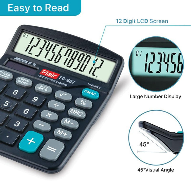 Flair FC-837 12 Digits Desktop Calculator with large LCD screen and easy-to-read display.