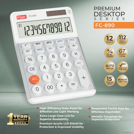 Flair FC-890 12 Digits Desktop Calculator with solar panel, large LCD, and tactile keys for easy use.