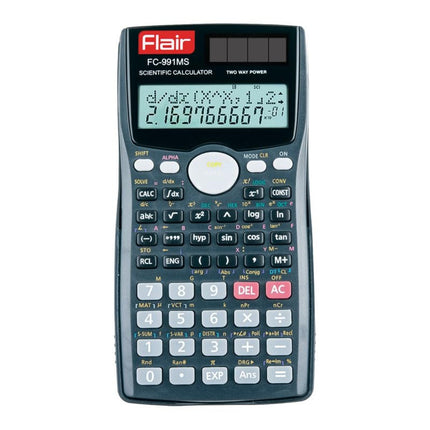 Flair FC-991MS Scientific Calculator | 401 Functions and 2 Line Display showing advanced features and dual-line display.