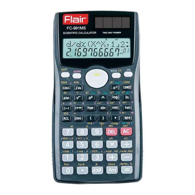 Flair FC-991MS Scientific Calculator | 401 Functions and 2 Line Display showing advanced features and dual-line display.