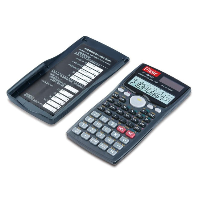Flair FC-991MS Scientific Calculator | 401 Functions and 2 Line Display with protective cover and display.