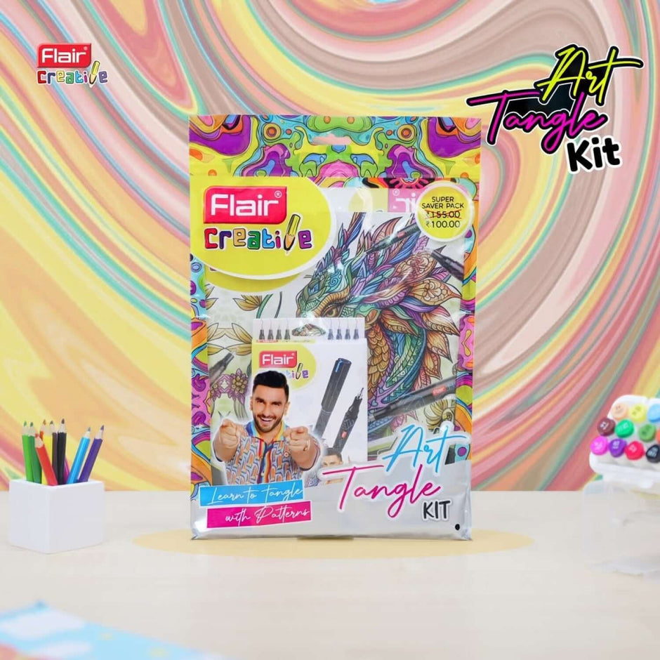 Flair Creative Art Tangle Kit | Stationery Kit of 2 Assorted Items, featuring vibrant fineliners and detailed activity book.