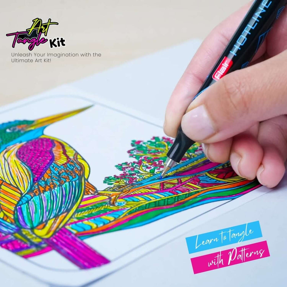 Flair Creative Art Tangle Kit | Stationery Kit of 2 Assorted Items featuring vibrant coloring and detailed patterns.