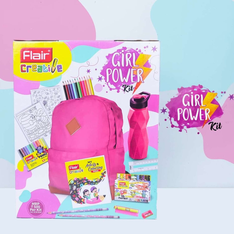Flair Creative Girl Power Kit | Stationery Kit of 10 Assorted Items displayed with a pink backpack and colorful stationery.
