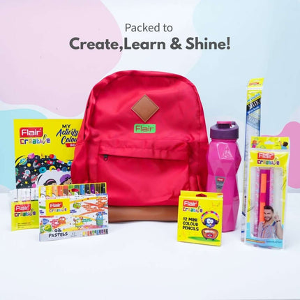 Flair Creative Girl Power Kit | Stationery Kit of 10 Assorted Items in a stylish red bag with vibrant art supplies.