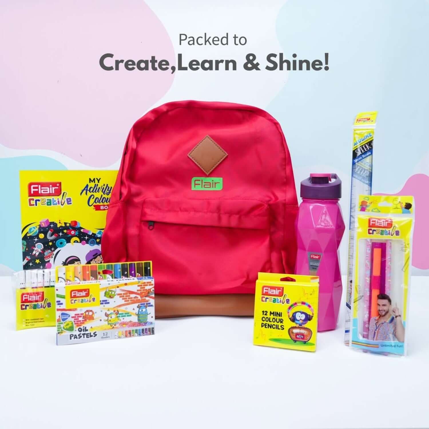 Flair Creative Girl Power Kit | Stationery Kit of 10 Assorted Items in a stylish red bag with vibrant art supplies.