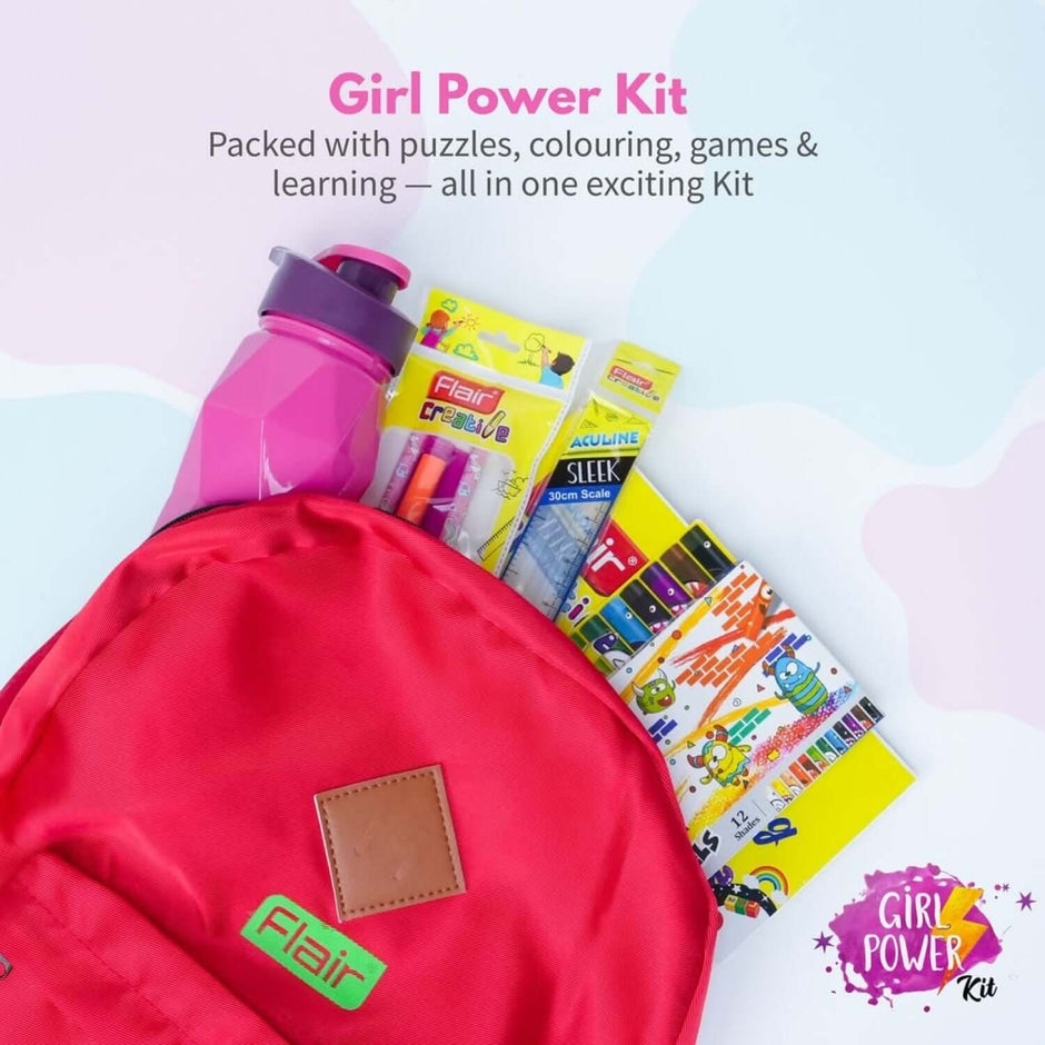 Flair Creative Girl Power Kit | Stationery Kit of 10 Assorted Items with red bag, water bottle, and colorful stationery.