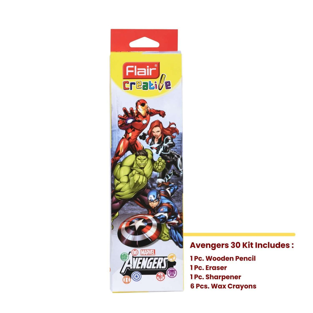 Flair Creative Marvel Avengers 30 Kit | Stationery Kit of 4 Items packaging with wooden pencil, eraser, sharpener, and wax crayons.