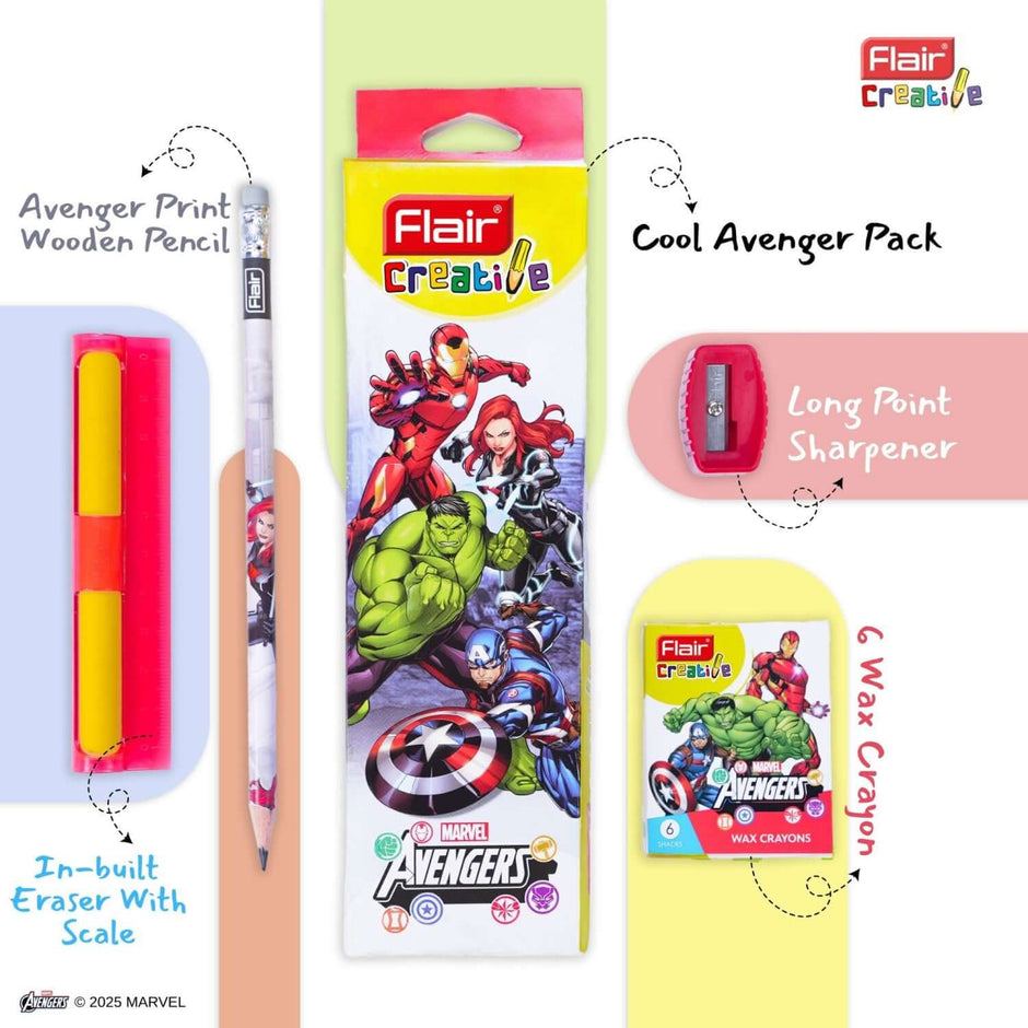 Flair Creative Marvel Avengers 30 Kit | Stationery Kit of 4 Items featuring crayons, pencil, and sharpener.