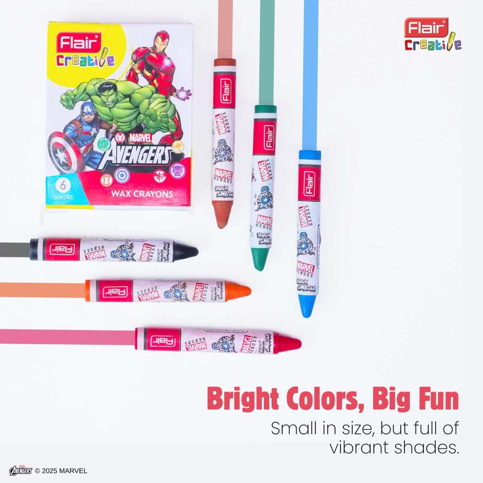 Flair Creative Marvel Avengers 30 Kit | Stationery Kit of 4 Items featuring colorful wax crayons and packaging.