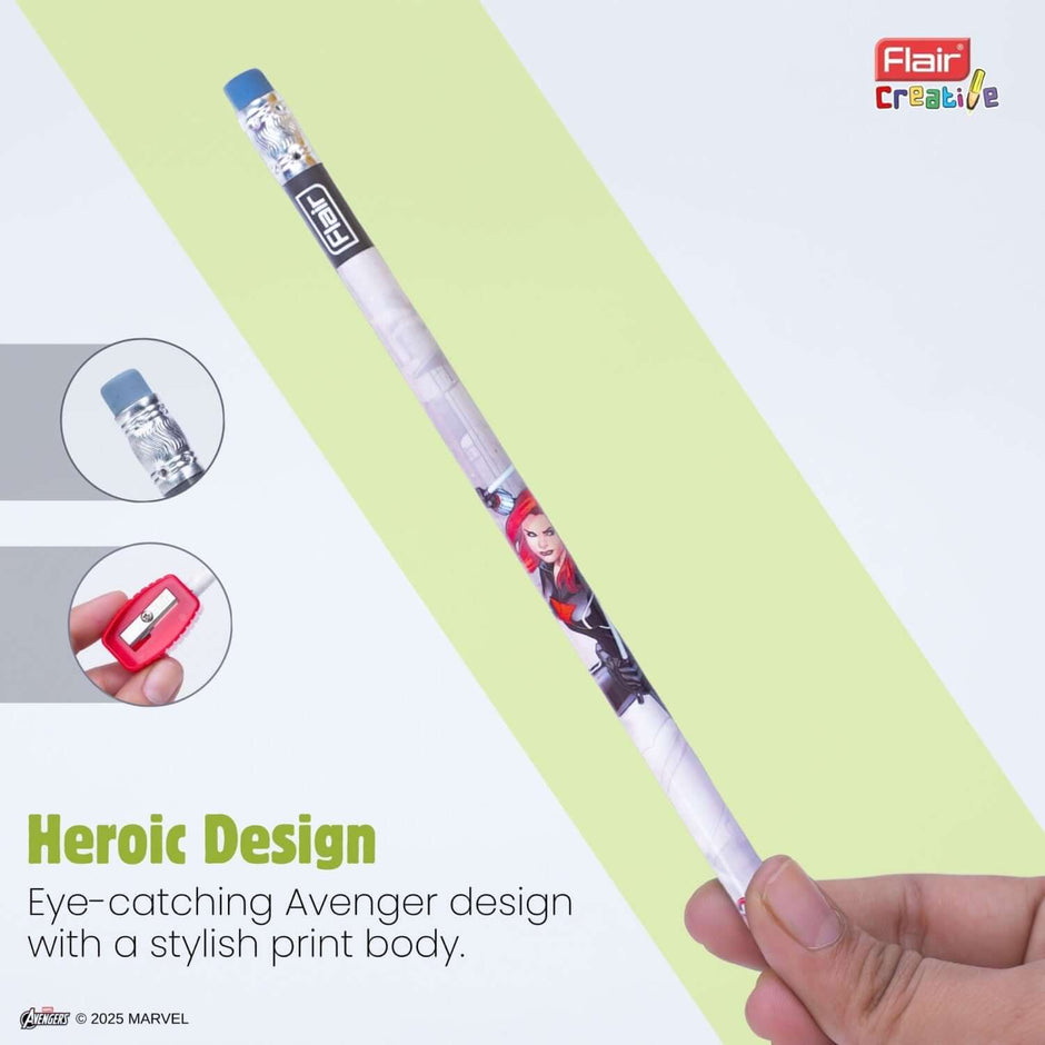 Flair Creative Marvel Avengers 30 Kit | Stationery Kit of 4 Items showcasing a stylish printed pencil with Avenger design.