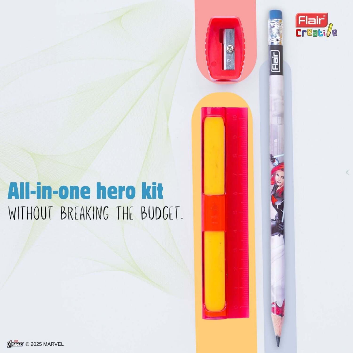 Flair Creative Marvel Avengers 30 Kit | Stationery Kit of 4 Items featuring a sharpener, ruler, and pencil.