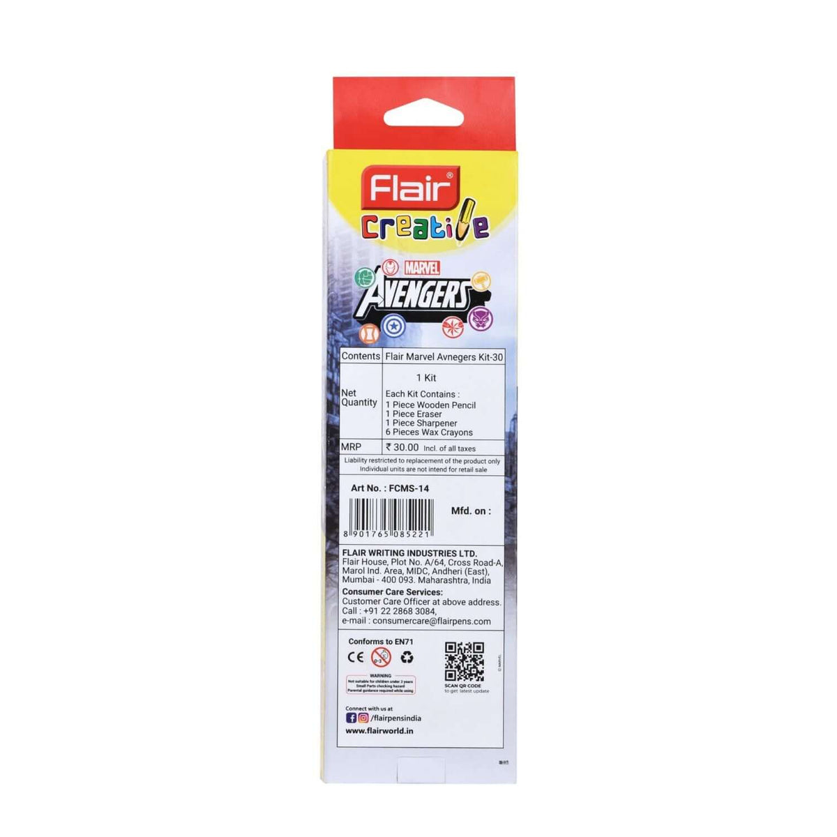 Flair Creative Marvel Avengers 30 Kit | Stationery Kit of 4 Items back packaging details and contents overview.