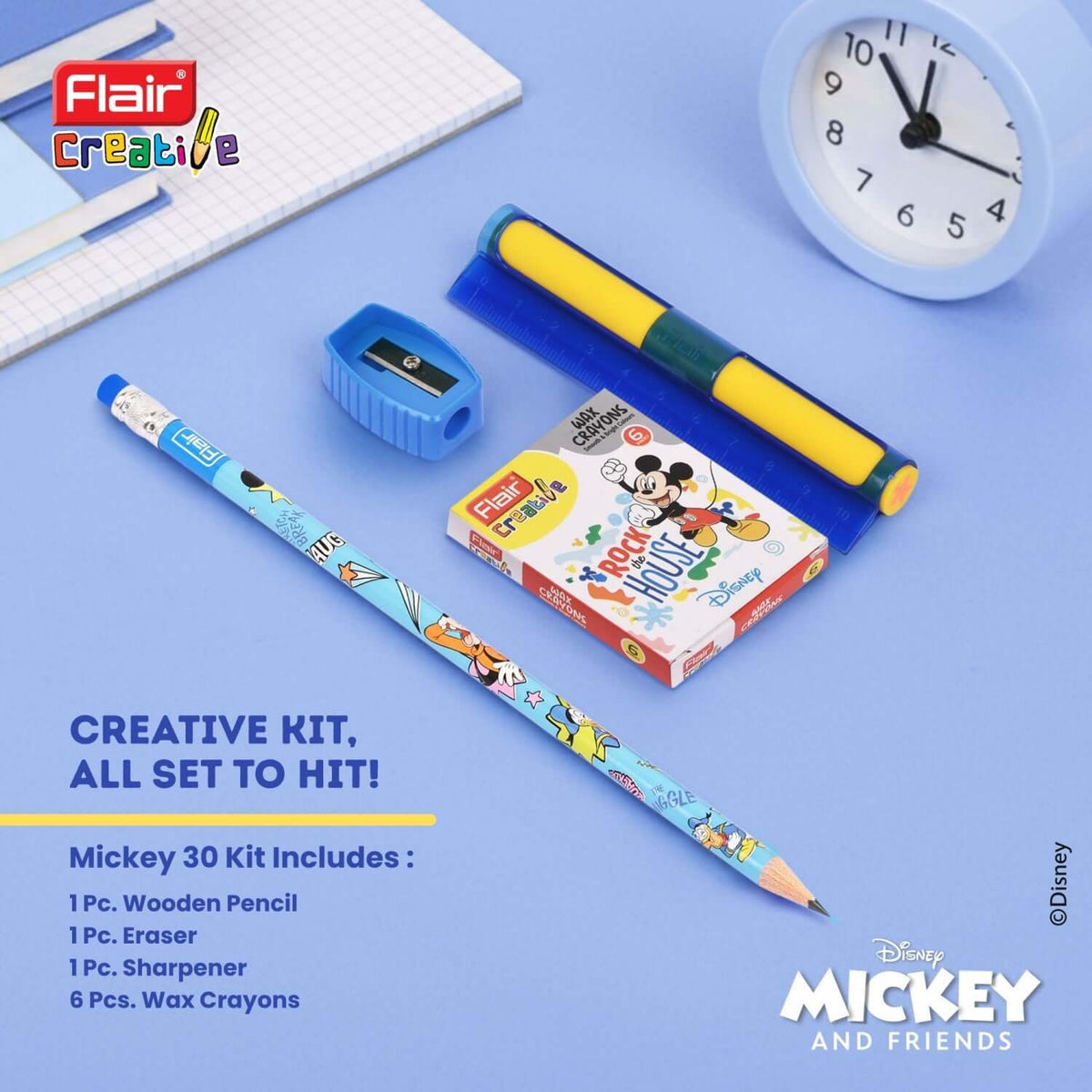 Flair Creative Disney Mickey 30 Kit | Stationery Kit of 4 Items featuring wooden pencil, eraser, sharpener, and wax crayons.