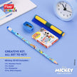 Flair Creative Disney Mickey 30 Kit | Stationery Kit of 4 Items featuring wooden pencil, eraser, sharpener, and wax crayons.