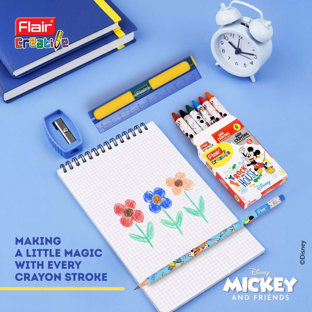 Flair Creative Disney Mickey 30 Kit | Stationery Kit of 4 Items showcasing eco-friendly stationery items and vibrant drawings.