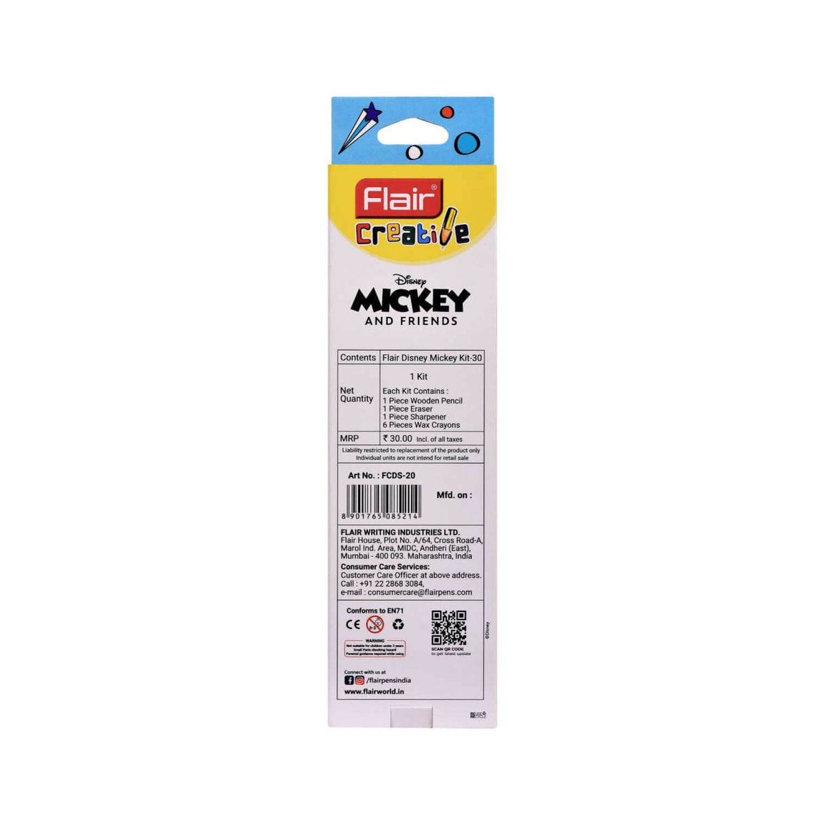 Flair Creative Disney Mickey 30 Kit | Stationery Kit of 4 Items packaging, showcasing item details and contents.