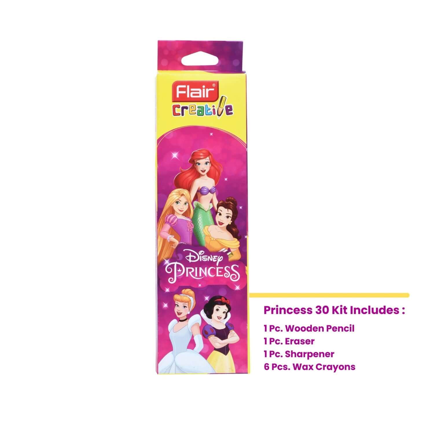 Flair Creative Disney Princess 30 Kit | Stationery Kit of 4 Items packaging with princess illustrations and included items list.