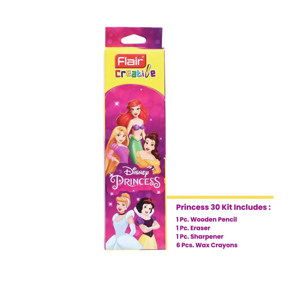 Flair Creative Disney Princess 30 Kit | Stationery Kit of 4 Items packaging with princess illustrations and included items list.