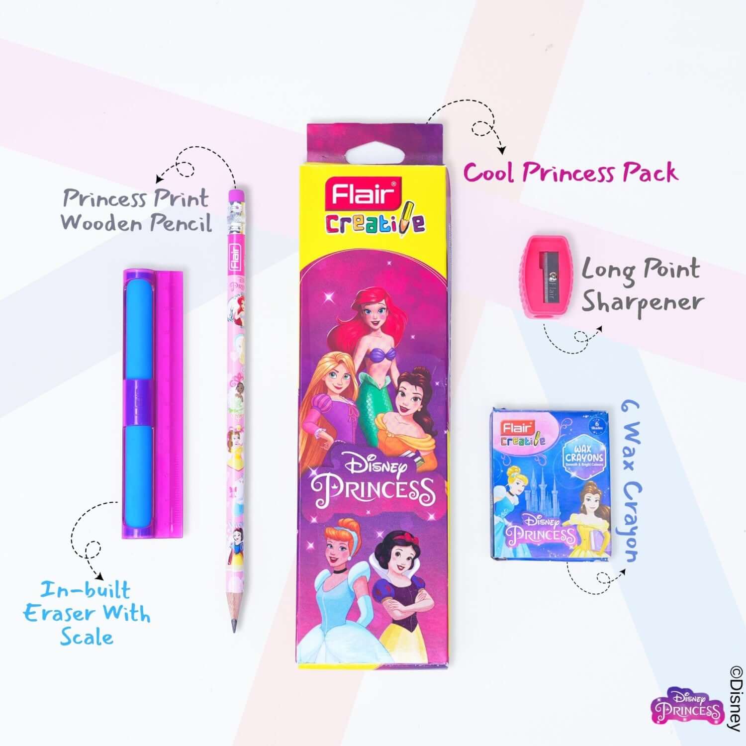 Flair Creative Disney Princess 30 Kit | Stationery Kit of 4 Items featuring pencil, sharpener, eraser, and crayons.