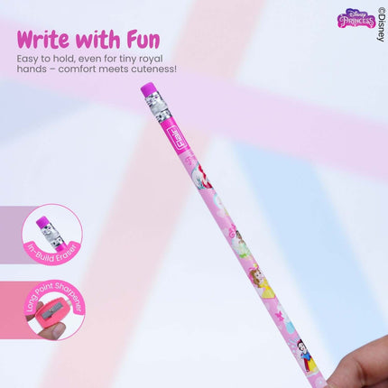 Flair Creative Disney Princess 30 Kit | Stationery Kit of 4 Items featuring a cute pencil with eraser and sharpener.