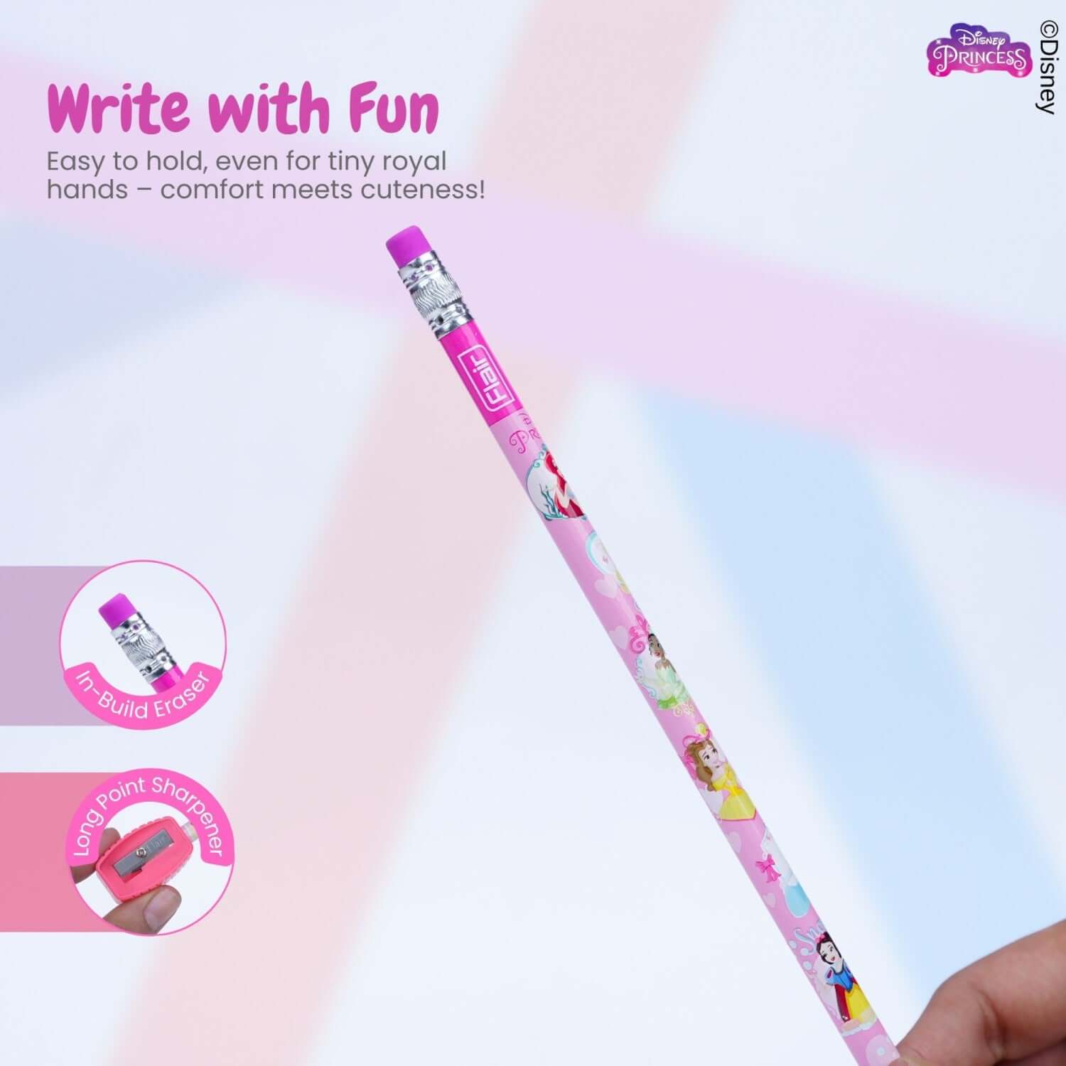 Flair Creative Disney Princess 30 Kit | Stationery Kit of 4 Items featuring a cute pencil with eraser and sharpener.