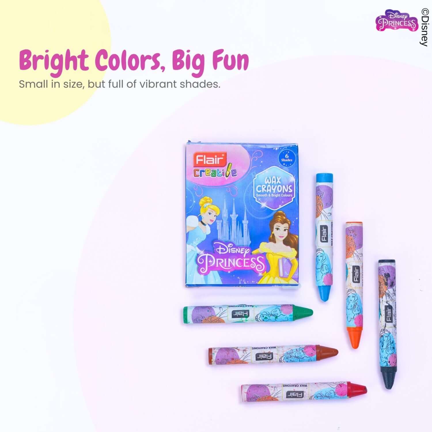 Flair Creative Disney Princess 30 Kit | Stationery Kit of 4 Items featuring colorful wax crayons and packaging.