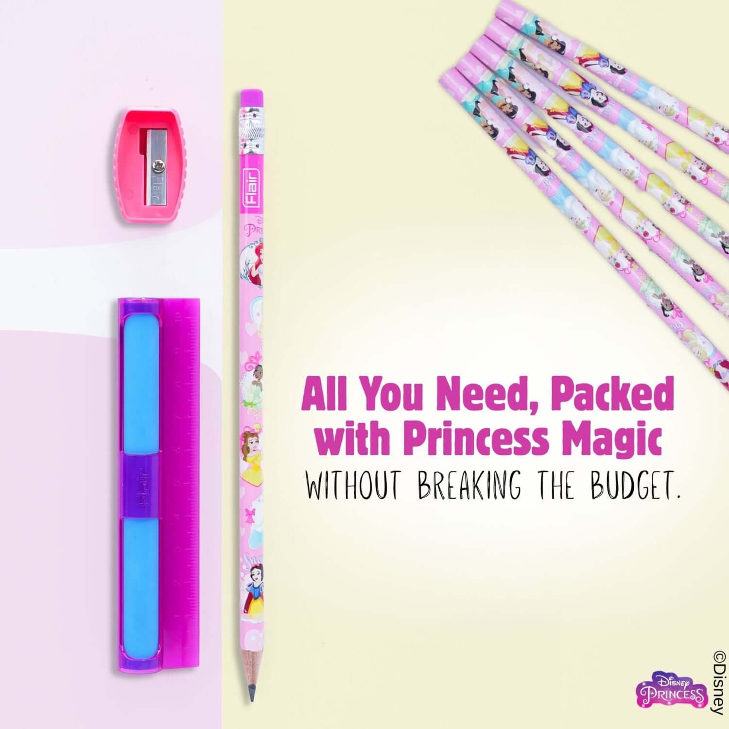Flair Creative Disney Princess 30 Kit | Stationery Kit of 4 Items features eco-friendly stationery for creative young minds.