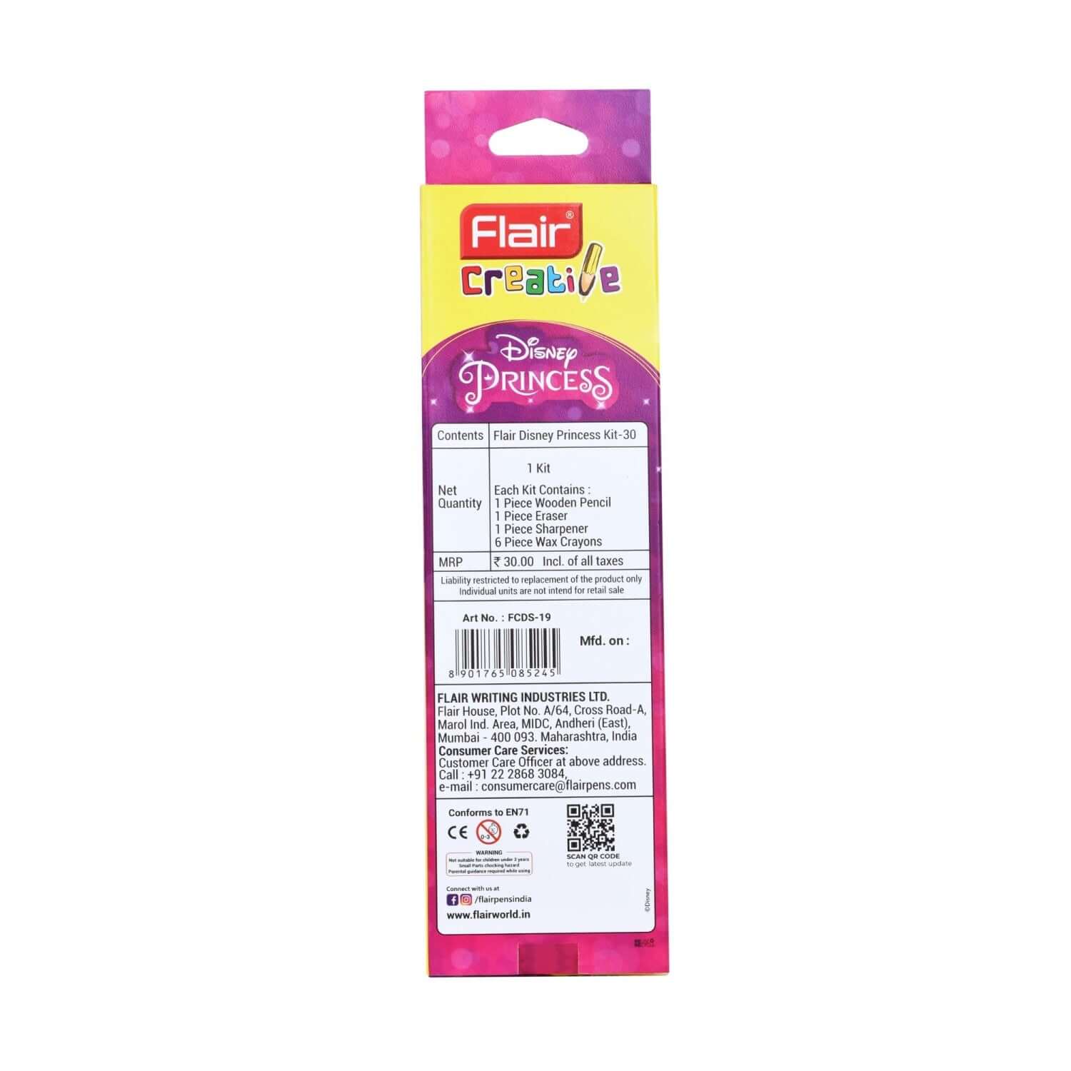 Flair Creative Disney Princess 30 Kit | Stationery Kit of 4 Items packaging showcasing its colorful design and contents.