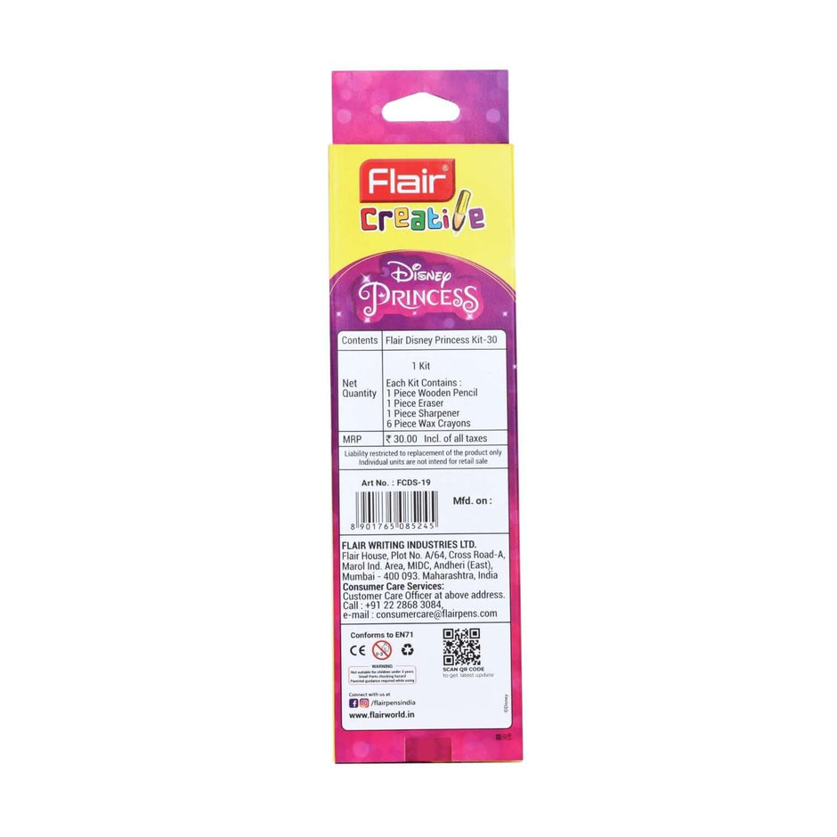 Flair Creative Disney Princess 30 Kit | Stationery Kit of 4 Items packaging showcasing its colorful design and contents.