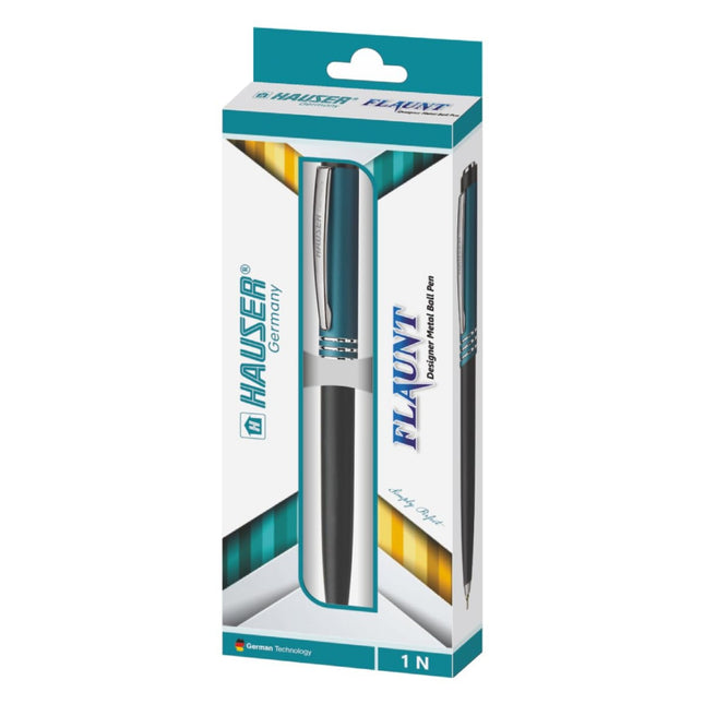 Hauser Flaunt Ball Pen | Ink Colour - Blue packaging featuring a sleek metal design and twist mechanism.