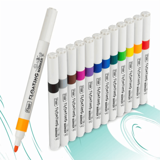 Flair Creative Floating Marker | Set Of 12 Shades arranged beside a vibrant design on water.