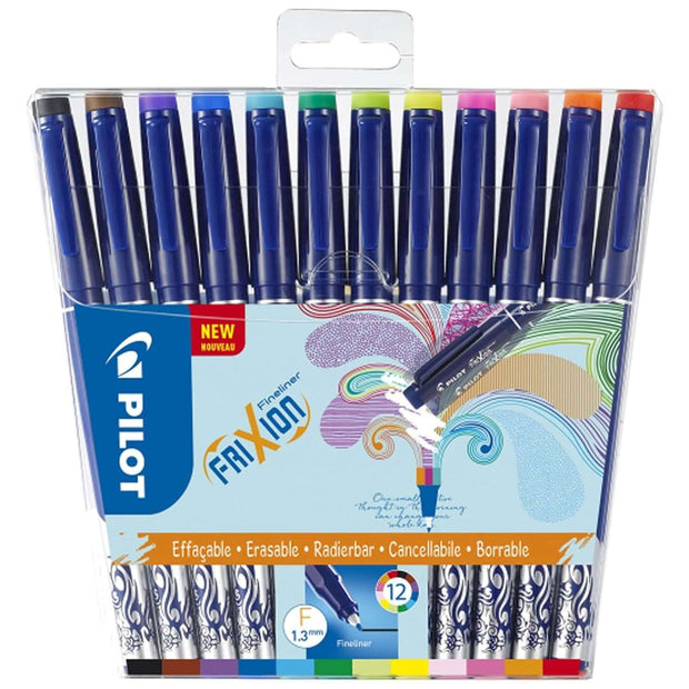 Pilot Frixion Fineliner Pens Assorted Colours in a 12-pack with vibrant ink options.