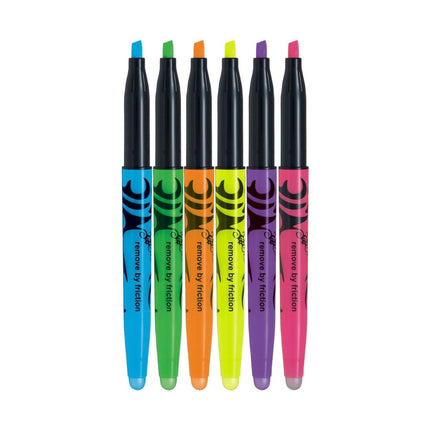 Pilot Frixion Light Highlighters Assorted Colours featuring blue, green, orange, yellow, purple, and pink highlighters.