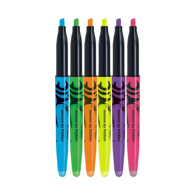 Pilot Frixion Light Highlighters Assorted Colours featuring blue, green, orange, yellow, purple, and pink highlighters.