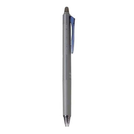 Pilot Frixion Synergy Knock 05 Roller Ball Pen with Inbuilt Eraser in gray with blue clip.
