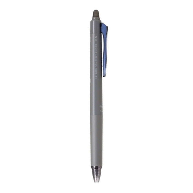 Pilot Frixion Synergy Knock 05 Roller Ball Pen with Inbuilt Eraser in gray with blue clip.