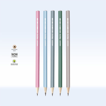 Hauser Froyo pencils in pink, blue, green, and gray with hexagonal bodies, featuring non-toxic materials.
